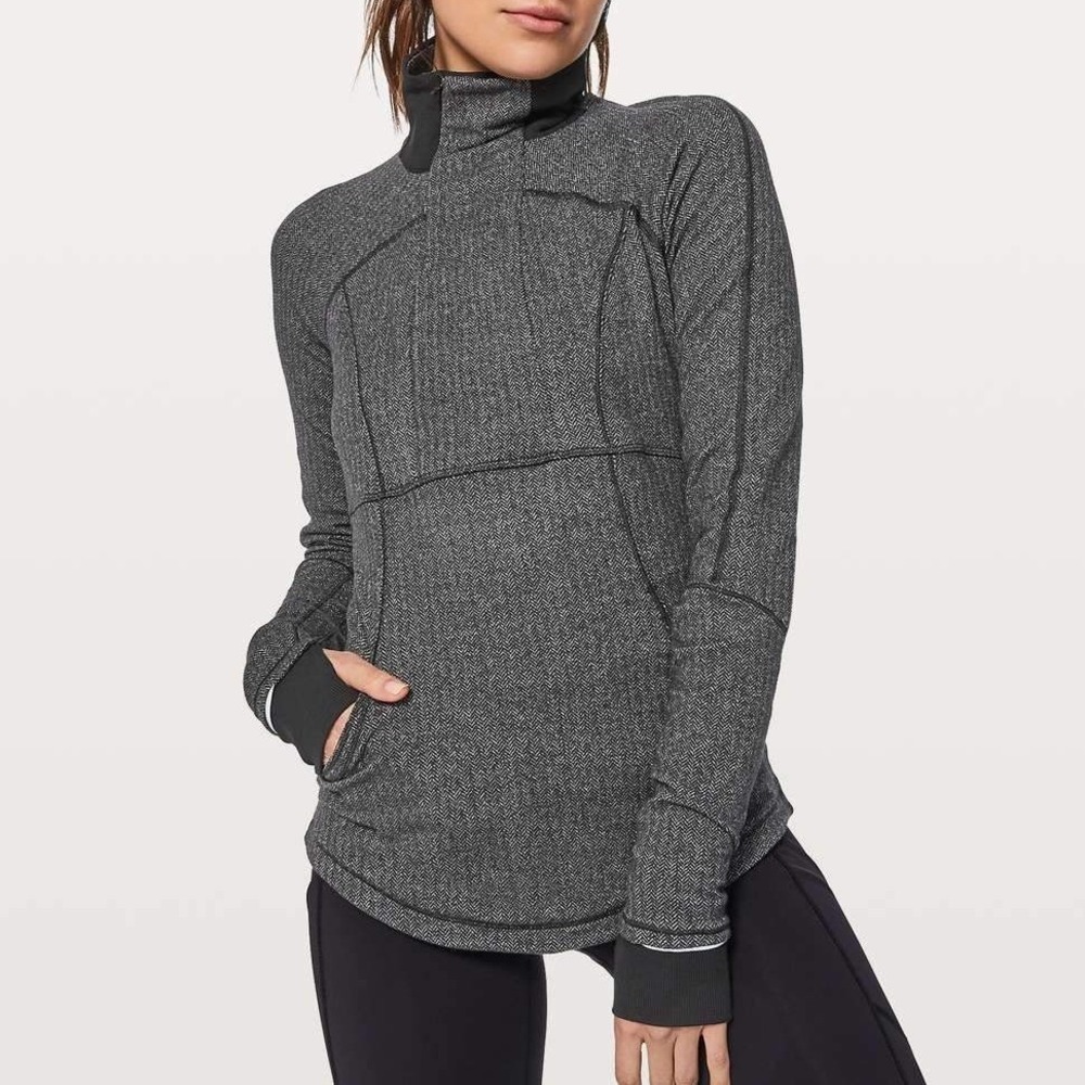 Lululemon Womens Base Runner 1/2 Zip Pullover 6 Black Herringbone Jacket w/Bag